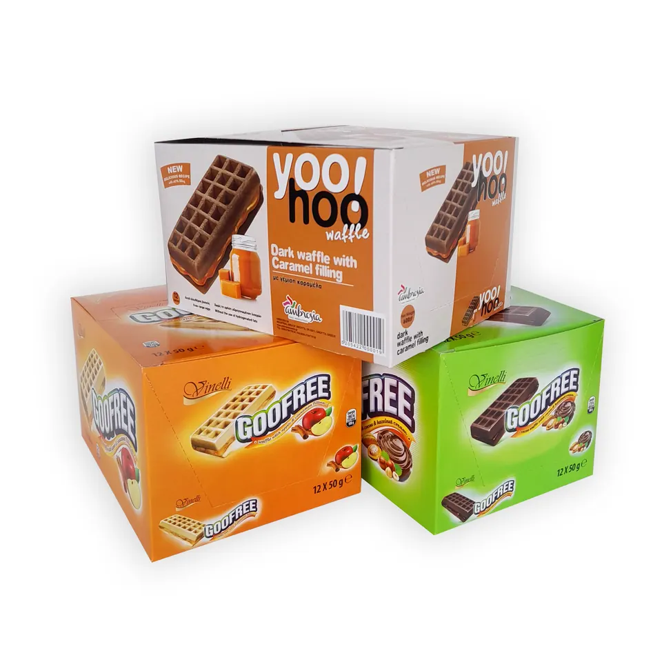 Πολύχρωμα κουτιά για βάφλες Yoo-hoo και μπάρες Goodfree