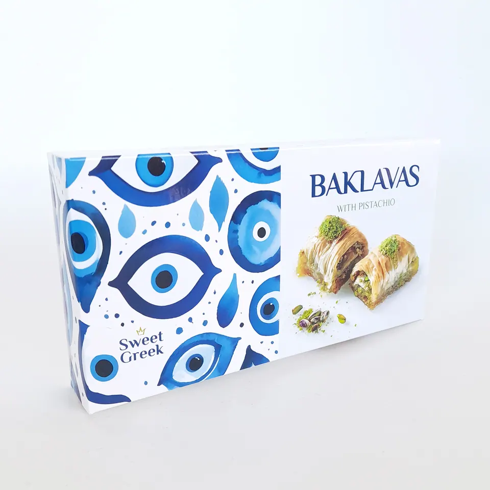 Κουτί μπακλαβά Sweet Greek με μοτίβο μπλε ματιών και φωτογραφία προϊόντος
